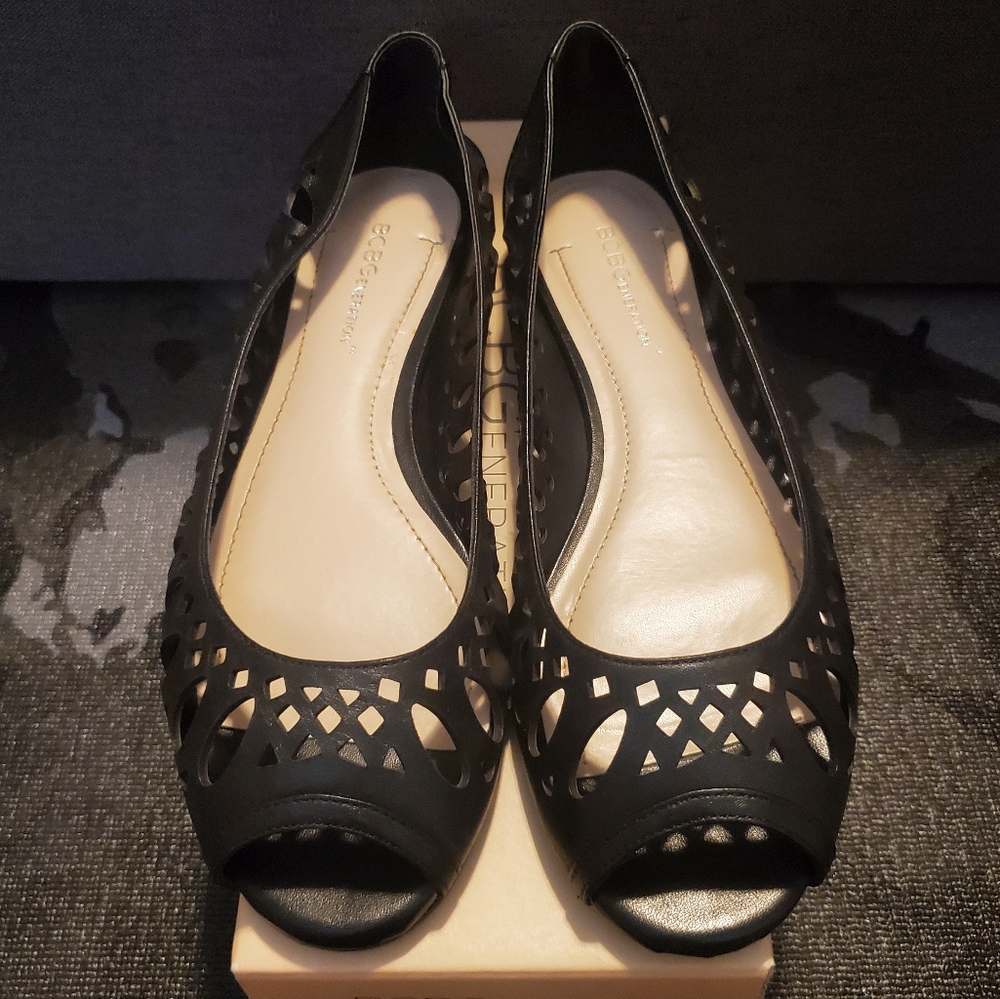 BCBGeneration Abygal Black Leather Peep Toe Flat Sandal